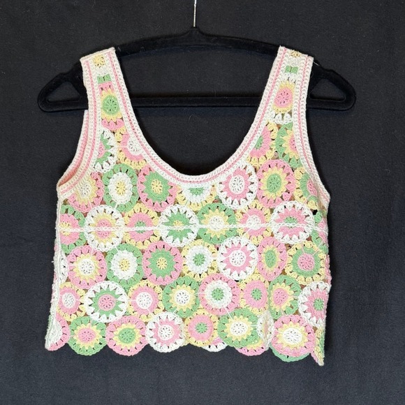 Tops - Crochet‎ Crop Top Floral Granny Square Pink Green Sleeveless Tank Small